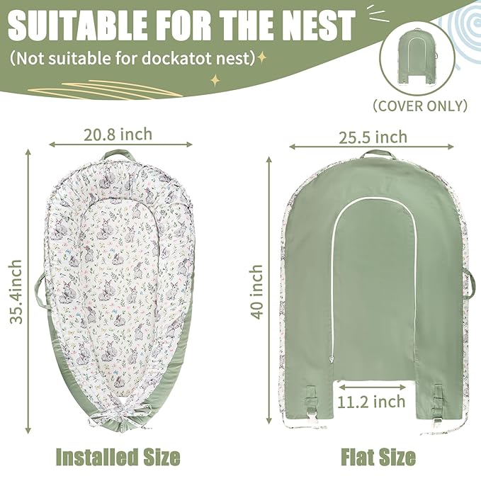Baby Lounger Cover for Boys Girls, Reversible Baby Nest Cover, Adjustable Baby Lounger Replaceable Cover for Infant Newborn, Portable and Machine Washable, Cotton Green Rabbit Cover Only