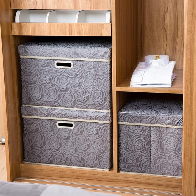 PRANDOM Large Storage Boxes with Lids [3-Pack] Fabric Decorative Storage Bins Cubes Organizer Containers Baskets with Handles for Closet Grey 17.7x11.8x11.8 In For 6+ Year Old Boys and Girls