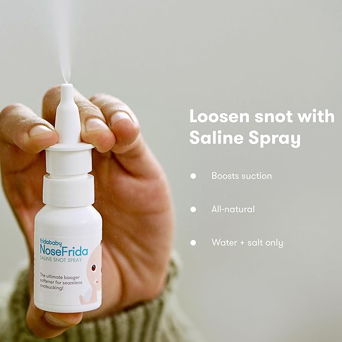 Frida Baby Saline Kit, Includes NoseFrida Nasal Aspirator for Baby, Baby Nose Sucker, Saline Nasal Spray for Babies with 10 Extra Hygiene Filters, Nasal Spray Decongestant, 0.68 fl oz