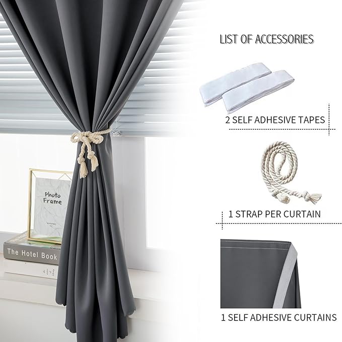 Magic Tape Stick On Curtains Window Shades Pull Down Blackout Window Cover Blackout Curtains for Bedroom No Drillng Self Adhesive Curtains No Rod Small Curtain, 59" W X 59" L, Grey, 1 Panel