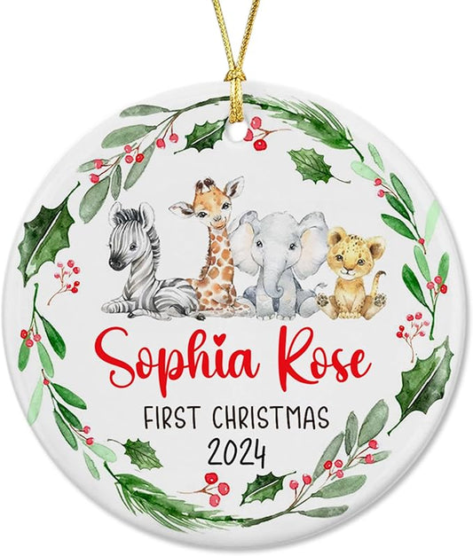 Unifury Personalized Baby First Christmas Ornament 2024, Keepsake for Babies First Christmas Tree, Holiday Decor for Celebrating Ceramic Babys 1st Christmas Ornament 2024, Safari Animal Holly