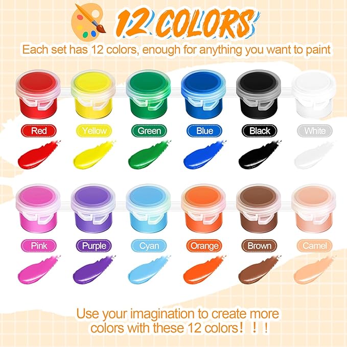 Fulmoon 48 Set Acrylic Paint Kits for Kids Adults Washable Mini Painting Kit Arts Crafts Party Favors Filled Strips Brushes Palettes Bulk for Classroom Home Kit Supplies (Vivid Color)