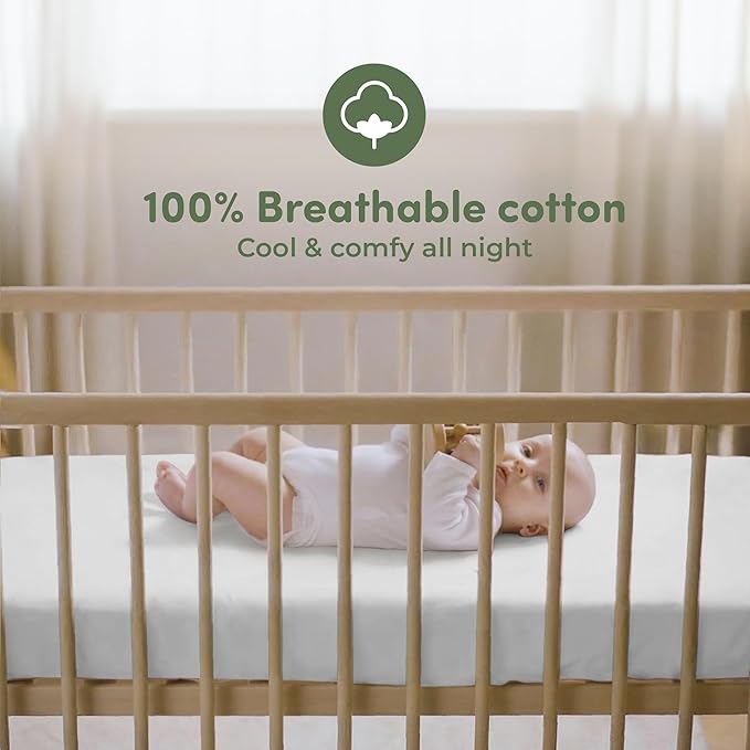 Sweety Fox 2-Pack Cotton Jersey Crib Sheets – Soft Fitted Sheets for Boys and Girls, Mini Crib Sheets, Toddler Bed Sheets (White/Sage)