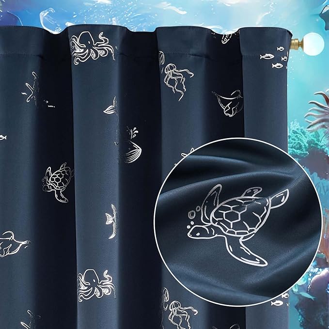 Vangao Kids Curtains for Boys Bedroom Kids Blackout Curtains 63 Inch Length Ocean Aquarium Nursery Drapes for Girls Bedroom Silver Sea Animals Print Thermal Insulated Drapes, Navy Blue 2 Panels