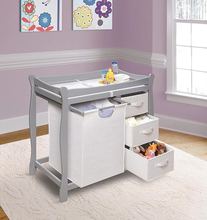 Badger Basket Sleigh-Style Baby Changing Table - Diaper Changing Station with 3 Storage Baskets - Nursery Organizer with Hamper, Changing Pad, Safety Rails - Gray
