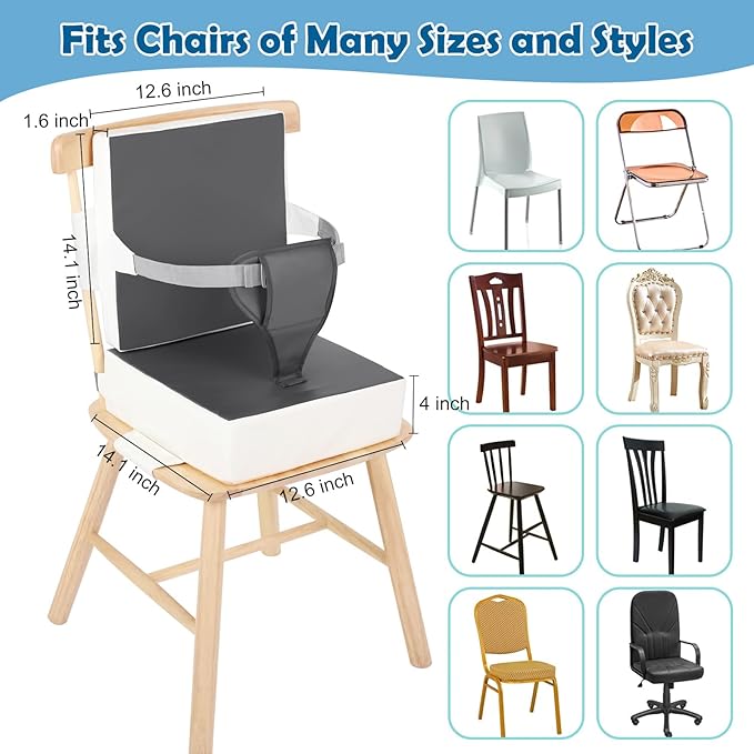 Toddler Booster Seat for Dining Table Kitchen Chair, Waterproof Non-Slip with Backrest & Adjustable Straps, Portable PU Travel Baby Kids Booster Seat Cushion