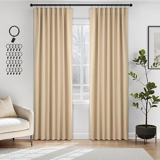 ANRODUO Back Tab Blackout Curtains for Bedroom Living Room, Rod Pocket Pinch Pleated Thermal Insulated Room Darkening Curtains 84 Inches Long 2 Panels, Beige, 42 x 84 Inch
