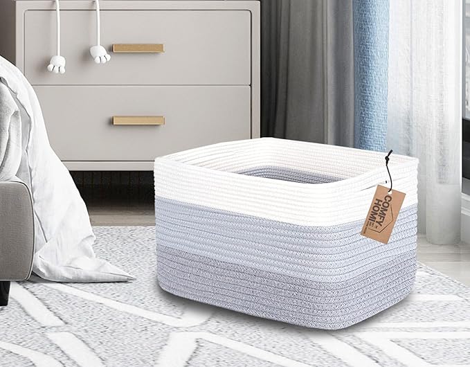 COMFY-HOMI 3PACK Cotton Rope Woven Basket With Handles for Shelves, Toy, Book, Cloth Storage Basket for Organizing|13.5" x 11" x 9.5" Decorative Nursery Cube Bin for Living Room（White / 3-Tone Grey）