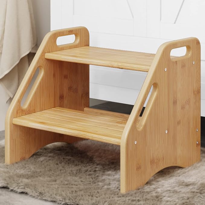 AMBIRD Wooden Step Stool, Two Step Stools Toddler 300 lbs Capacity with Safety Non-Slip Pads and Handles, Bamboo Step Stool for Bathroom, Kitchen Dual Height Step Stools for Kids (Natural)