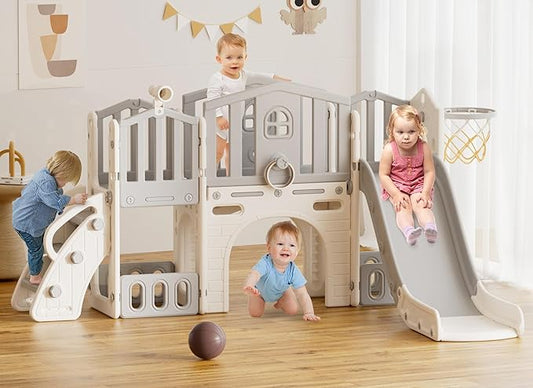 XJD 9 in 1 Toddler Slide Set, Kids Slide for Toddlers Age 1+, Toddler Climber Slide PlaySet with Basketball Hoop and Ball,Outdoor Indoor Playground for Toddlers 1-3 (Gley)