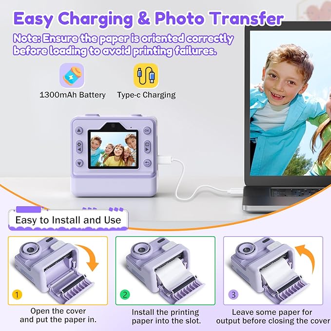 Instant Camera, Instant Print Camera for Kids with 1080P Videos, Front Rear Dual Selfie, 3 Rolls Print Paper & 32GB SD Cards, Christmas Birthday Gifts for Girls Age 3-12