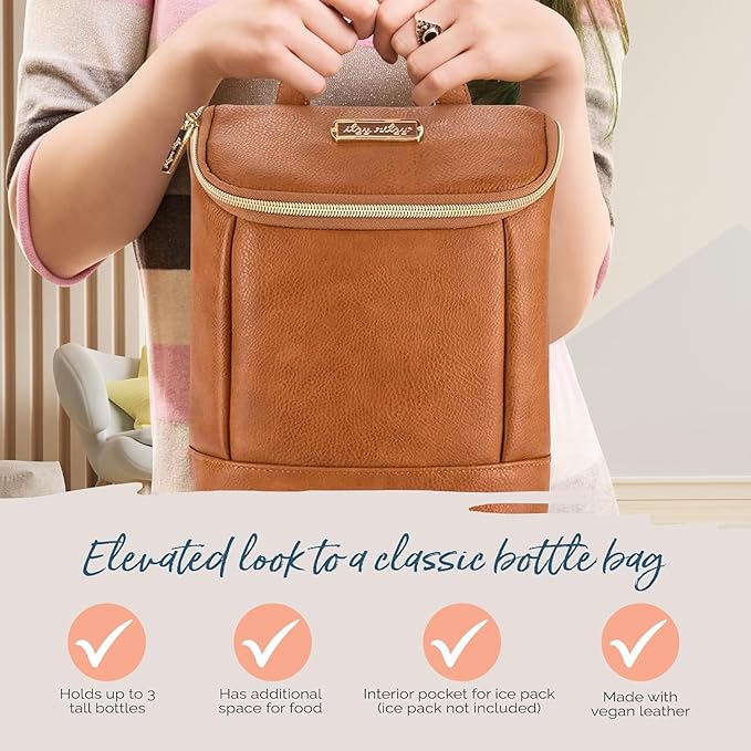 Itzy Ritzy Insulated Bottle Bag – Keeps Bottles Warm or Cool - Holds 3 Bottles & Features Interior Pocket for Ice Pack (Not Included), Cognac