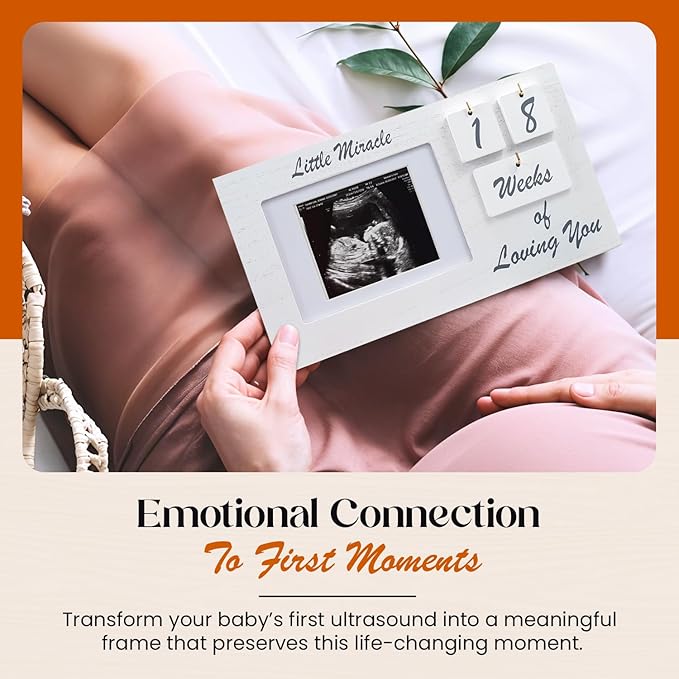 White Ultrasound Sonogram Picture Frame with Milestone Tracker – Elegant Wooden Keepsake for Expecting Parents – Nursery Décor Gift for New Moms – Countdown Tiles Included – 12" x 6" Design