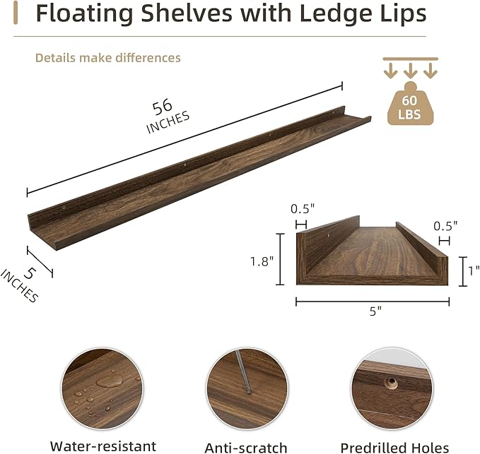 Picture Ledge Shelf, Wood Long Floating Shelves for Wall, Set of 2, 56 inch Picture Ledge Shelves, Photo Ledge Nursery Book Shelves Wall Mounted for Living Room Kids' Room Bedroom, Color Walnut
