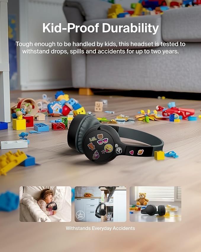 Belkin SoundForm Mini Kids Wireless Headphones w/Built-in Microphone, 30H of Playback Time, & Fun Stickers - Over-Ear Headsets for Online Learning, School, Travel, iPhone, iPad, Galaxy & More - Black