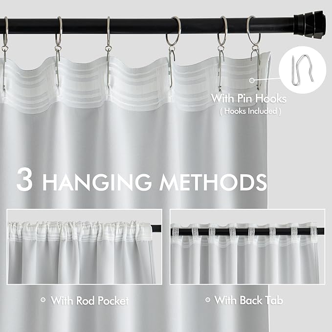 MIULEE Greyish White Back Tab Blackout Curtains 63 Inches Long 2 Panels Set for Living Room Bedroom Privacy, Rod Pocket/Pinch Pleat Thermal Insulated Room Darkening Pleated Light Blocking Drapes