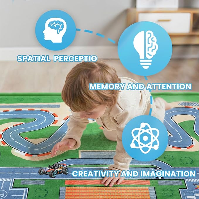 1.3" Thick Educational Baby Floor Play Mat 79x118, Basic Padded Memory Foam Kids Mat, Large Non-Slip Plush Playmat for Nursery Playroom Classroom (Race Track)