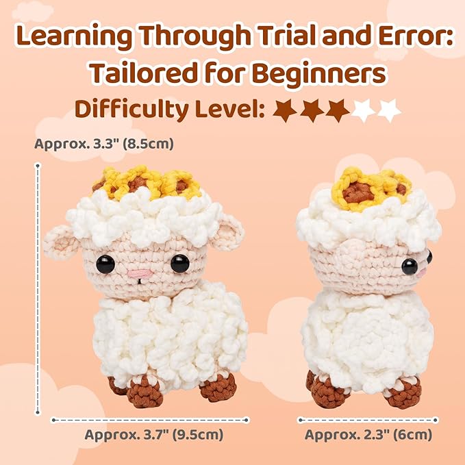Mewaii Crochet Kit for Beginners Level 1 with 40% Extra Eco-Friendly Pre-Started Easy Yarn, Step-by-Step Video Tutorials for Adults and Kids (2 Pack Lambs)