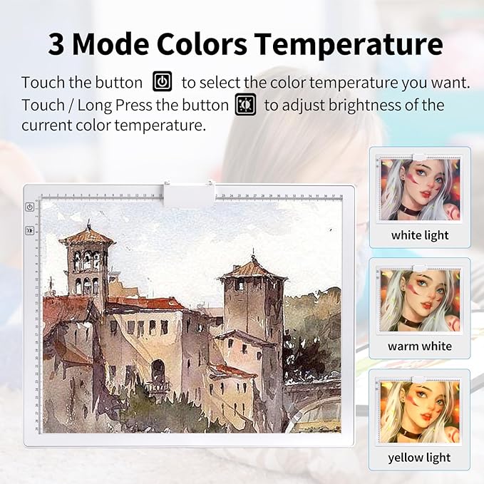 Elice Rechargeable A3 Light Pad with Carry Bag, Top Clip, Foldable Stand, 3 Colors/6 Levels/Stepless Brightness Wireless tracing Light Box/Board for Diamond Painting, Cricut Weeding Vinyl (White)