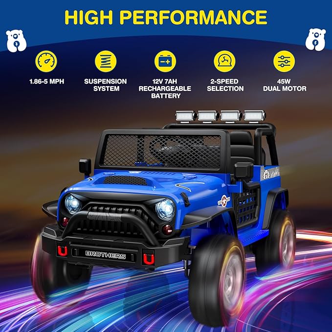 L8 2 Seater Ride On Car, 12V Kids Electric Car w/Remote Control, 4-Wheel Suspension, Bluetooth Speaker, Multi Music Modes, 3 Speeds, LED Lights, Xmas & Birthday Gift Ideas for Kids Ages 3+