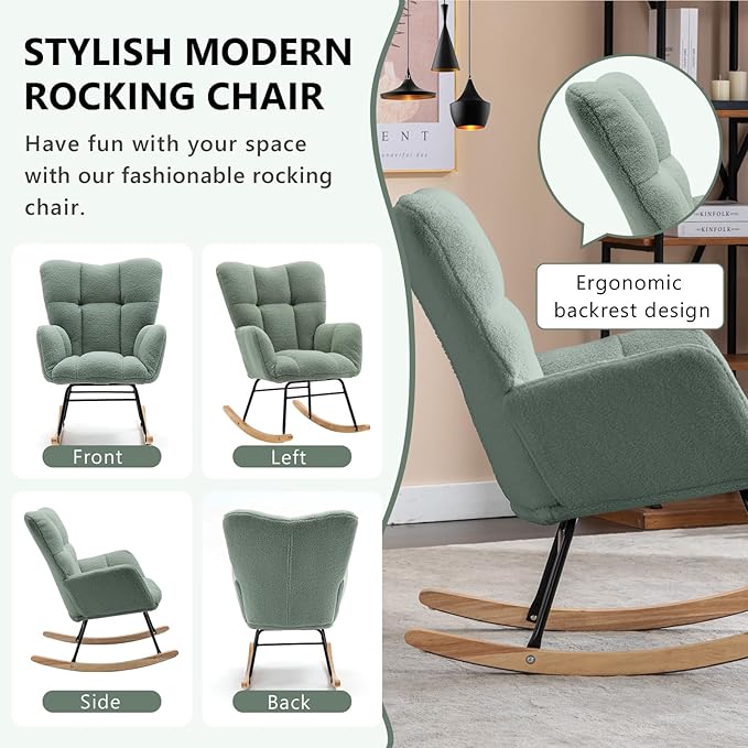 NIOIIKIT Nursery Rocking Chair Teddy Upholstered Glider Rocker Rocking Accent Chair Padded Seat with High Backrest Armchair Comfy Side Chair for Living Room Bedroom Offices (Olive Green)