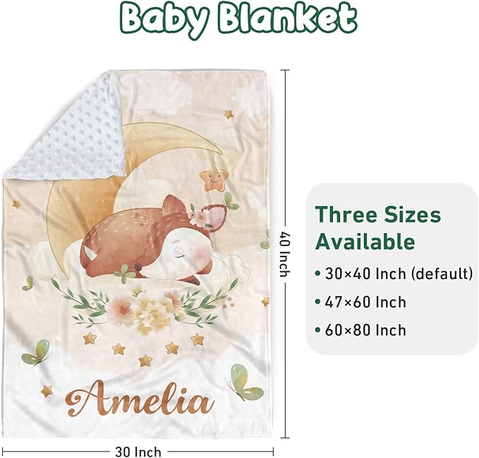Personalized Baby Crib Bedding Set - Custom Name Fox Pattern 3 Pcs Set - Soft Blanket with Double Layer Dotted Backing, Fitted Sheet, Room Rug for Newborns Boys Girls Shower Gift
