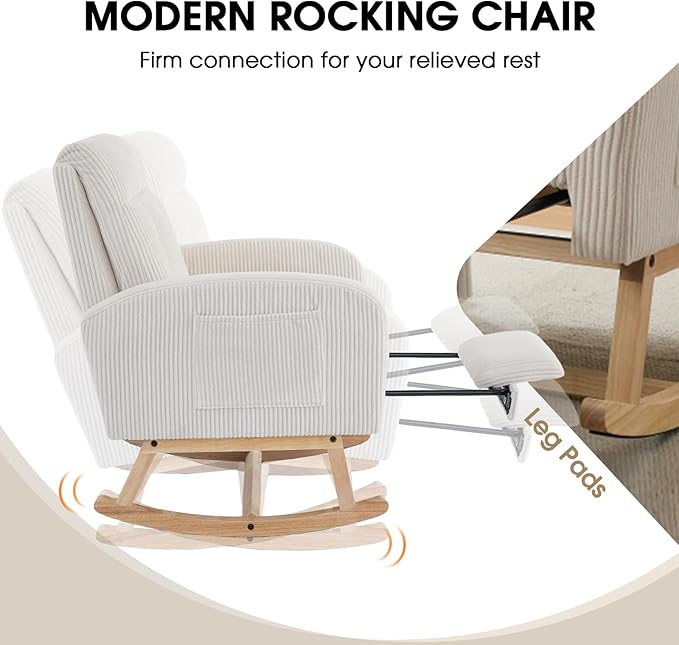 NIOIIKIT Nursery Rocking Chair, Corduroy Upholstered Rocking Chair with Adjustable Footrest, Tufted Rocker Chair with Side Pocket, Glider Rocker for Living Room, Bedroom (Cream Casual)