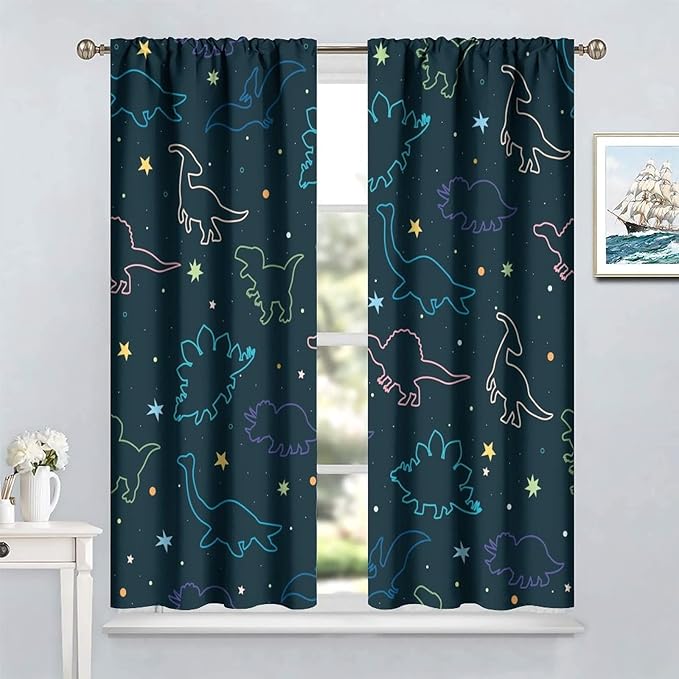 Cartoon Colorful Dinosaur Curtains for Kids Boys Girls Home Decor, Astronaut Funny Outer Space Star Blackout Rod Pocket Window Drapes for Bedroom Living Room W31.5xL72in 2 Panels