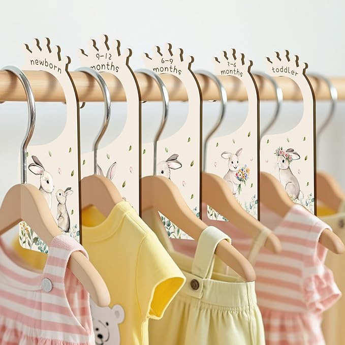 Baby Clothes Dividers for Closet - Set of 8 Wooden Baby Size Closet Dividers Newborn to 24 Months, Rabbits Babies Clothes Organizer for Boys Girl Nursery Decor Gender-Neutral Newborn Hangers Dividers