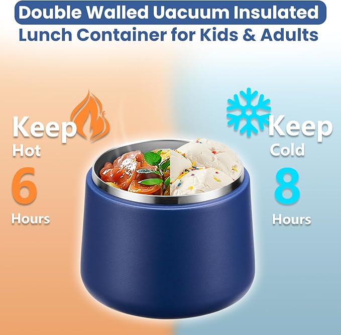 14oz Insulated Vacuum Food Jar with Buckle Lid,Soup Thermo for Hot Food Kids,Wide Mouth Leakproof Stainless Steel Lunch Container with Spoon-Blue