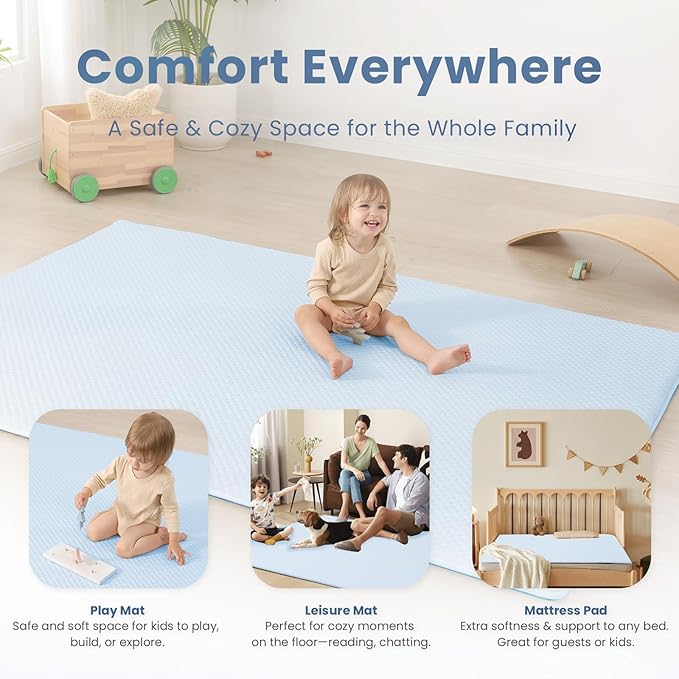 Baby Play Mat for Summer,1.3 Thick Memory Foam Cooling Floor Tummy Time Mat, Soft & Breathable, Non-Slip Rectangular for Toddlers’ Playtime & Rest(Light Blue,59"x79")