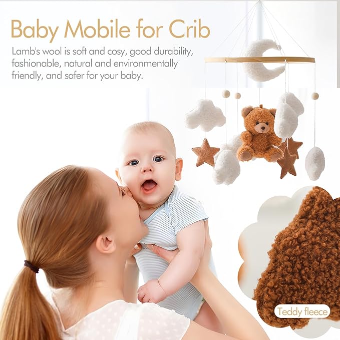 EERKEOD Baby Crib Mobile Bear Nursery Mobile for Boys Girls Teddy Velvet Mobile Nursery Decor for Infant Bedroom Hanging Baby Mobile for Bassinet Newborn Baby Gift（Brown Bear）