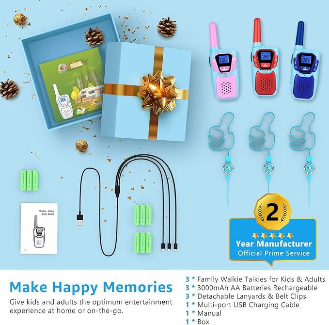 Walkie Talkies Long Range 3 Pack Rechargeable Walkie-Talkies for Kids Girls Boys Toddlers Adults Camping Hiking Skiing Cruise, Family Pink 2 Way Radio Toy with Lanyard Battery 4 Miles VOX NOAA