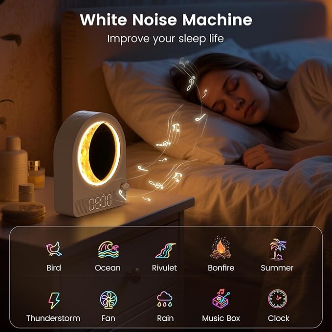 Sunrise Alarm Clock, White Noise Machine & Meteor Moonlight - 10 Soothing Sounds, Dual Alarms, 30/60/90min Timer, Easy Snooze - Bedroom Gift for Insomnia Adults/Women - White
