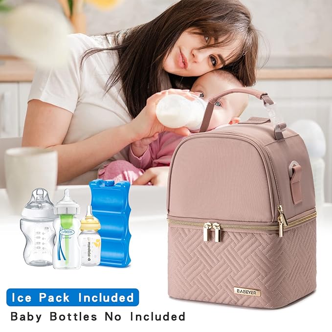 Breastmilk Cooler Bag with Ice Pack Fits 6 Baby Bottles up to 9 Ounce, Breast Milk Pump Cooler Bag with Shoulder Strap for Nursing Mom Daycare, Work, Travel- Pink