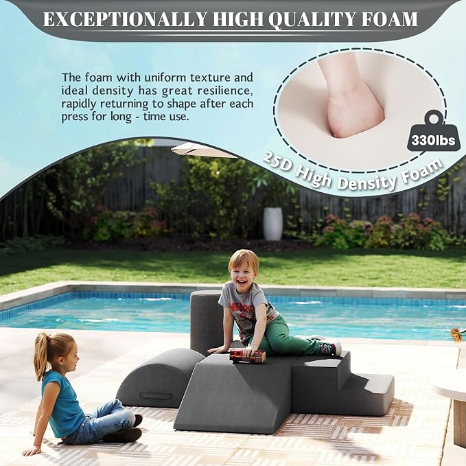 jela Foam Blocks 6Pcs Soft Play Equipment Waterproof Fabric, UV Resistant Toddler Climbing Toys Indoor& Outdoor Soft Play Climbing for Toddlers, Lightweight Climbing Blocks for Babies, Kids (Darkgrey)