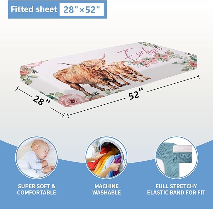 Personalized Nursery Bedding - 5 Pcs Custom Baby Crib Set with Name, Double Layer Crib Bedding for Girls, Cows and Flowers Theme