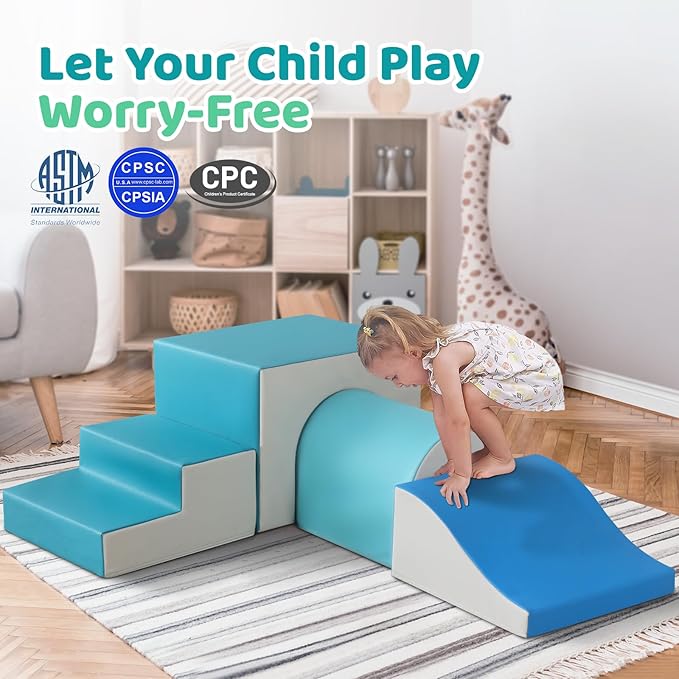 Sumbababy Foam Climbing Blocks for Toddlers: with a Tunnel - 4 PCS Foam Blocks - Kids Indoor Climbers Play Structures Play Gym Soft Climber with Slide and Stair Soft Playground Green