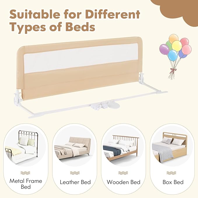 BABY JOY Bed Rails for Toddlers, 59'' Extra Long, Swing Down Bed Guard w/Safety Strap, Folding Baby Bedrail for Kids Twin, Double, Full Size Queen & King Mattress (59-Inch, Beige)