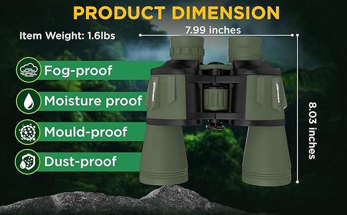 Binoculars with Phone Bracket Adapter, Militar, 20x50, Adults, High Power Waterproof with Low Light Night Vision for Hunting, Travel, Games, Bird, Carrying Case Strap.