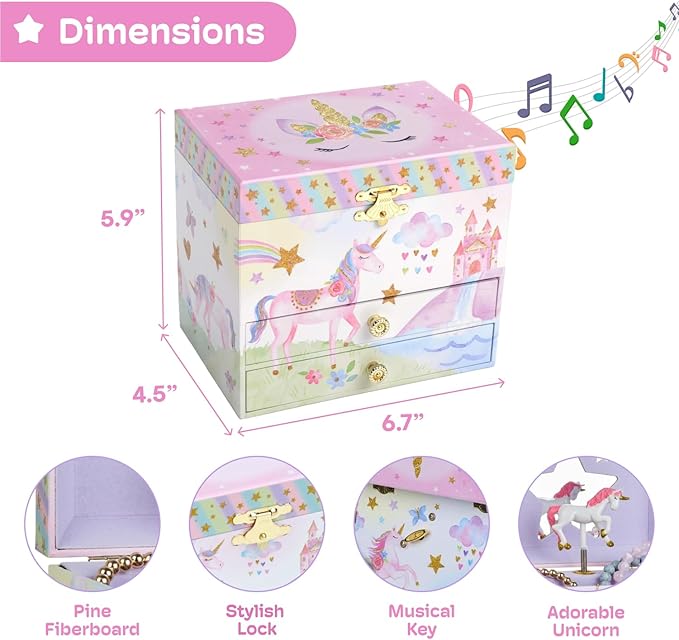 Jewelkeeper Enchanting Unicorn Musical Jewelry Box for Girls - Sparkling Rainbow Design Music Box with 2 Pullout Drawers to Store Earrings, Necklace and Bracelets - Plays The Beautiful Dreamer Tune
