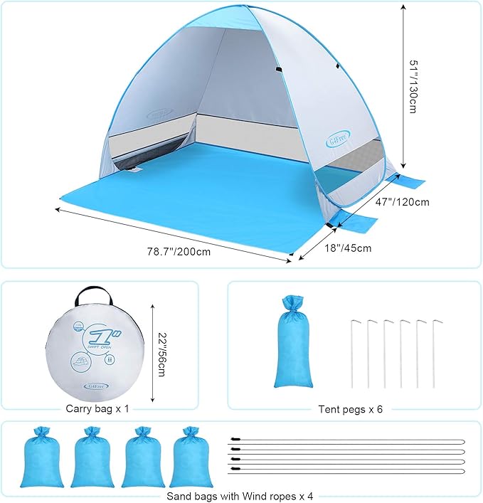 G4Free Large Pop up Beach Tent for 3-4 Person, UPF 50+ Automatic Sun Shelter Canopy Portable Outdoor Cabana Sun Umbrella