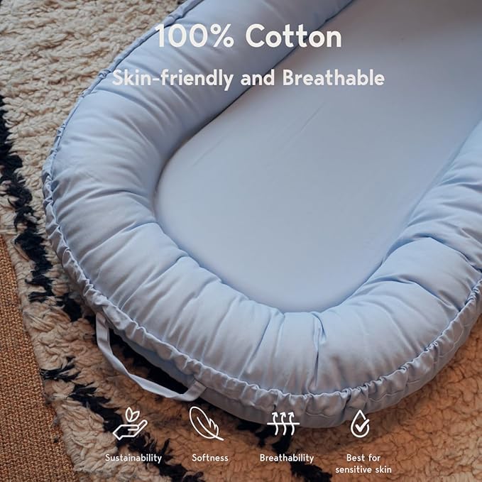 Infant Lounger, Baby Nest Cover for Baby Girls & Boys, Newborn Essentials for Baby 0-18+ Months, 100% Cotton Breathable (Baby Blue)