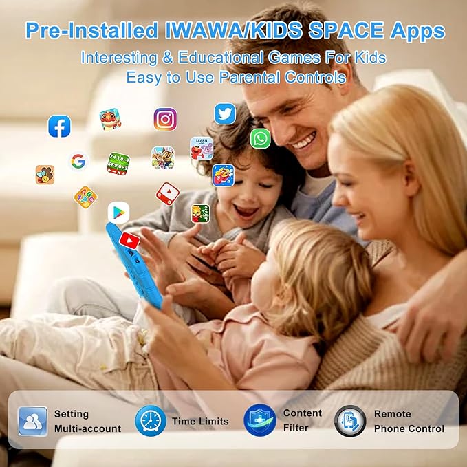 2025 Kids Tablet 10 inch Android 14 Tablets for Kid Octa-Core, 20GB+128GB (TF 1TB), Toddler Tablet with Shockproof Case, 2.4G+5G WiFi 6, Parental Control, Face Unlocked, Split Screen, BT5.0 (Blue)