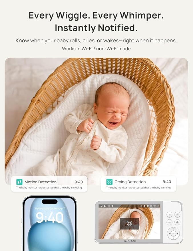 VistaView Smart WiFi Baby Monitor with 2 Cameras- 5” 1080P Split Screen & 2K Camera App Control, Cry & Motion Alerts, Night Vision, 5000mAh Battery, 2-Way Talk, Triple Security, 1279ft Range