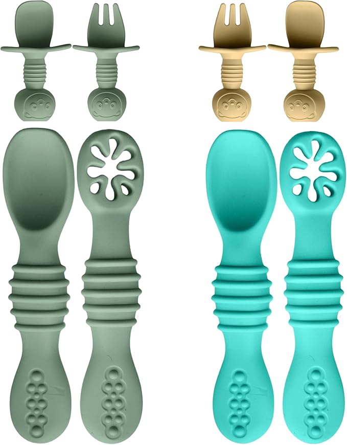 8pc Silicone Baby Spoons & Forks Set – Self Feeding Baby Utensils 6-12 Months – BPA Free, Dishwasher Safe – Toddler Cutlery (Turquoise/Pickle & Green/Yellow)