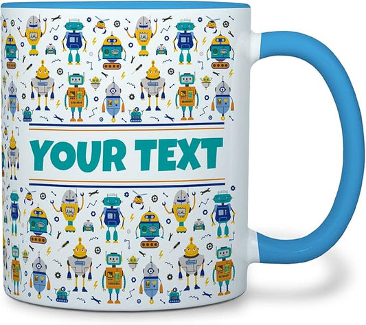Personalized Mug for Kids - Robots - Custom Name/Text, Ceramic Hot Chocolate/Cocoa/Coffee Cup for Boys, Birthday/Christmas/Holiday Gift - 11 oz, Light Blue Handle