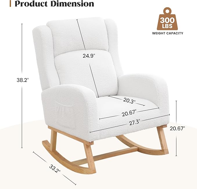 Rocking Chair Nursery, Nursing Rocking Chairs for Mom Nursery, Comfy Wingback Glider Rocking Armchair with Side Pocket for Nursery Living Room Bedroom, Teddy White