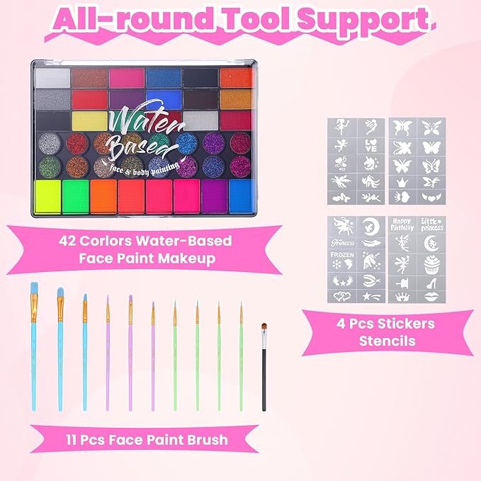 42 Color Face Painting Kit for Kids - Water Based, Non Toxic Face paint palette with Art Brushes, Stencils, Gems - For Halloween, Carnival, Costume Makeup, Parties & Cosplay