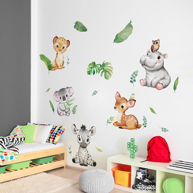 Tanlaby Jungle Animals Wall Stickers Cartoon Woodland Animal Wall Decals Zebra Forest Peel and Stick Art Sticker for Baby Nursery Kids Bedroom Playroom Daycare Classroom Decor
